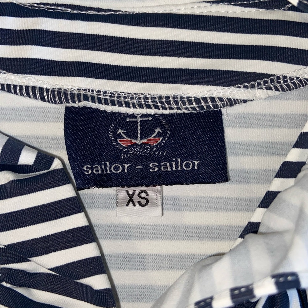 Sailor Sailor Skipper Black White Striped Sleeveless Ruffled Collar Shift Dress - Picture 6 of 7